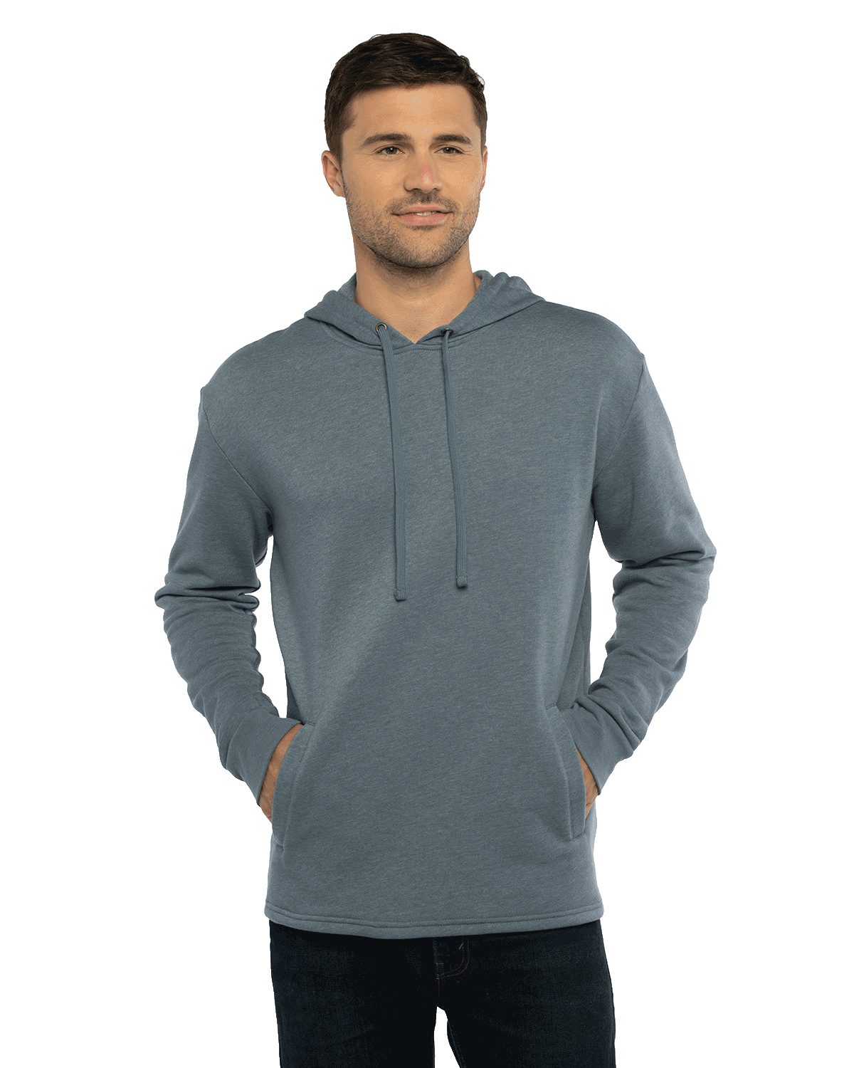 Man modeling a Next Level Apparel Adult PCH Pullover Hoodie in Heather Slate Blue