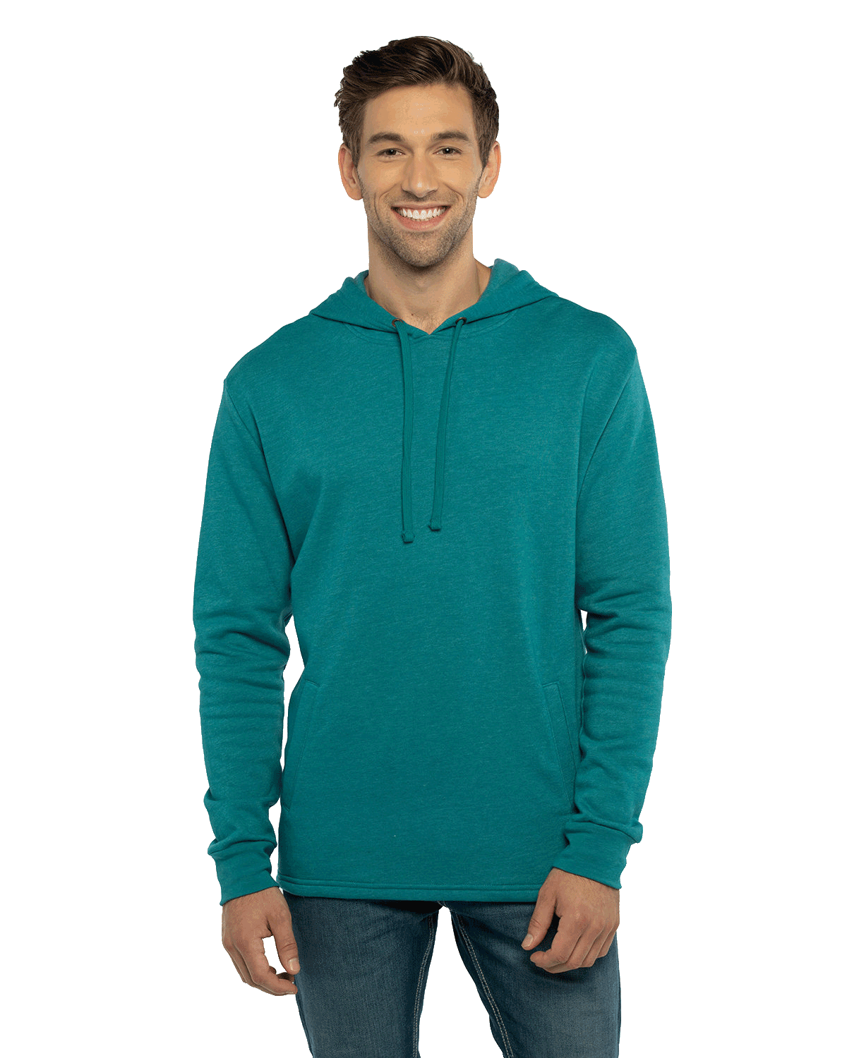 Man modeling a Next Level Apparel Adult PCH Pullover Hoodie in Heather Teal