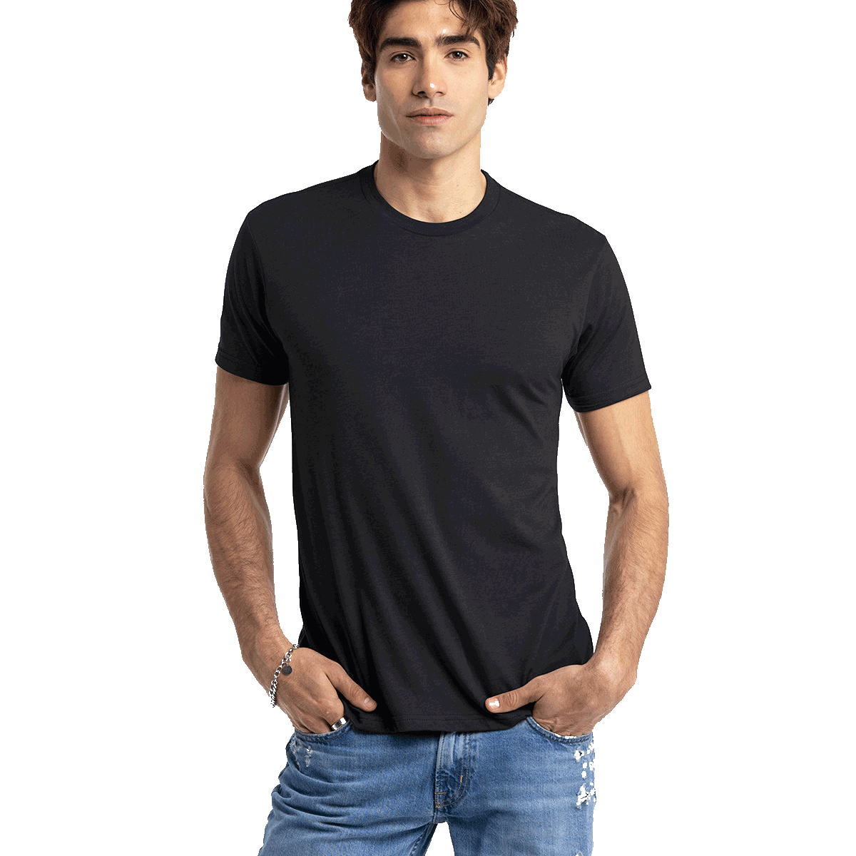 Man in a black Next Level Apparel Unisex CVC Crewneck T-Shirt, standing with hands in pockets and a relaxed posture.