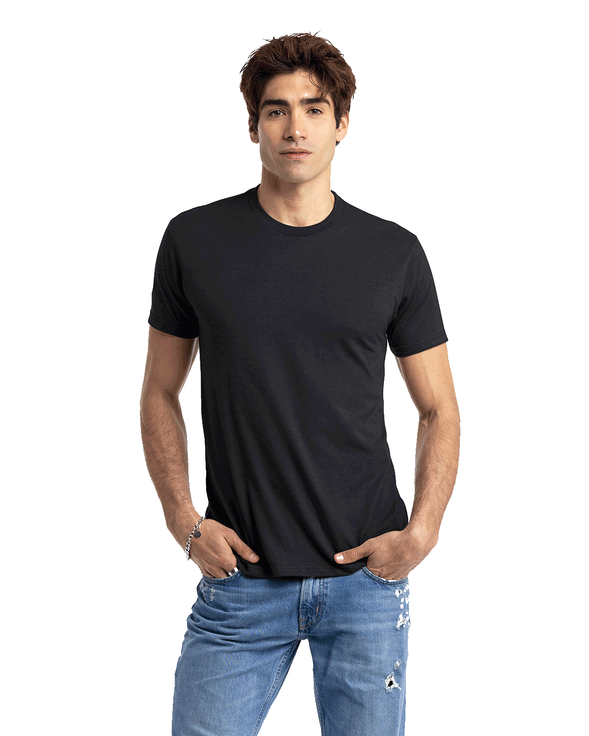 Man in a black Next Level Apparel Unisex CVC Crewneck T-Shirt, standing with hands in pockets and a relaxed posture.