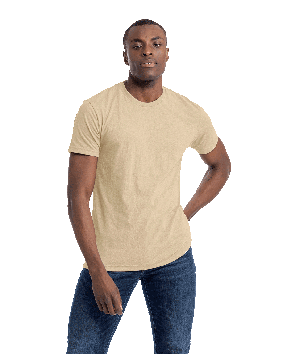 Next Level Apparel Unisex CVC Crewneck T-Shirt in cream color worn by a man, standing casually with a neutral expression.