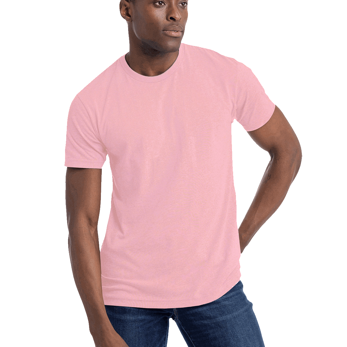 Man wearing a Next Level Apparel Unisex CVC Crewneck T-Shirt in "Heather Light Pink" color, standing with a neutral expression and hands by his sides.