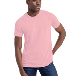 Man wearing a Next Level Apparel Unisex CVC Crewneck T-Shirt in "Heather Light Pink" color, standing with a neutral expression and hands by his sides.