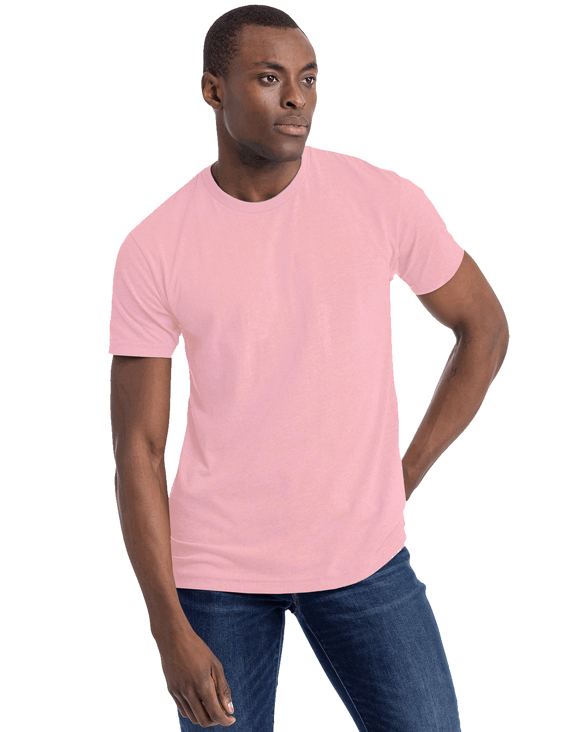 Man wearing a Next Level Apparel Unisex CVC Crewneck T-Shirt in "Heather Light Pink" color, standing with a neutral expression and hands by his sides.