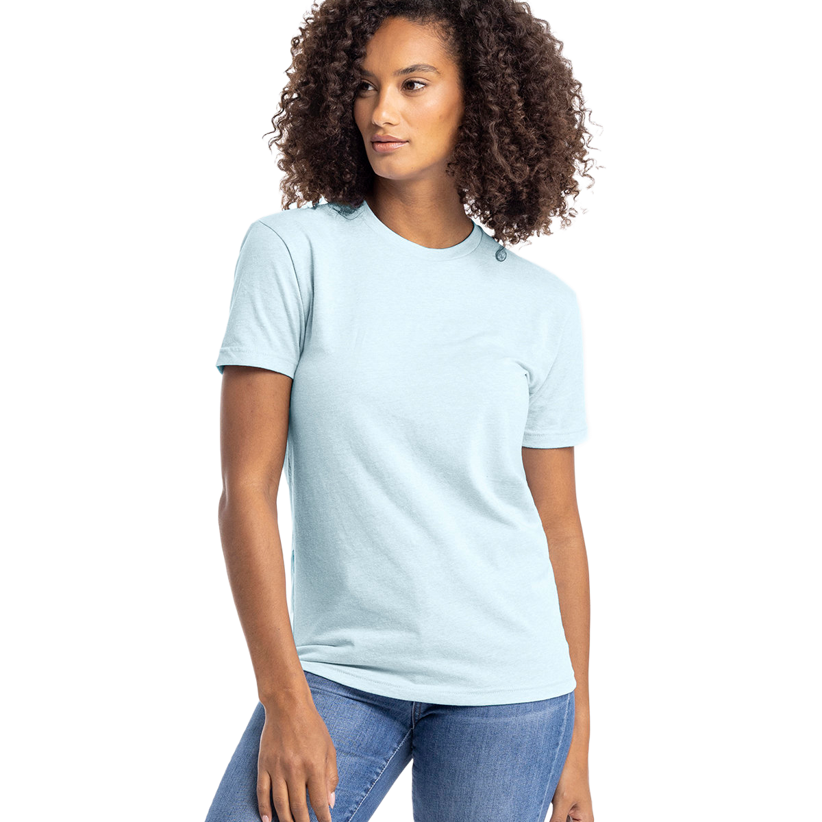 Woman in an "Ice Blue" Next Level Apparel Unisex CVC Crewneck T-Shirt, standing with a relaxed posture and a slight side glance.