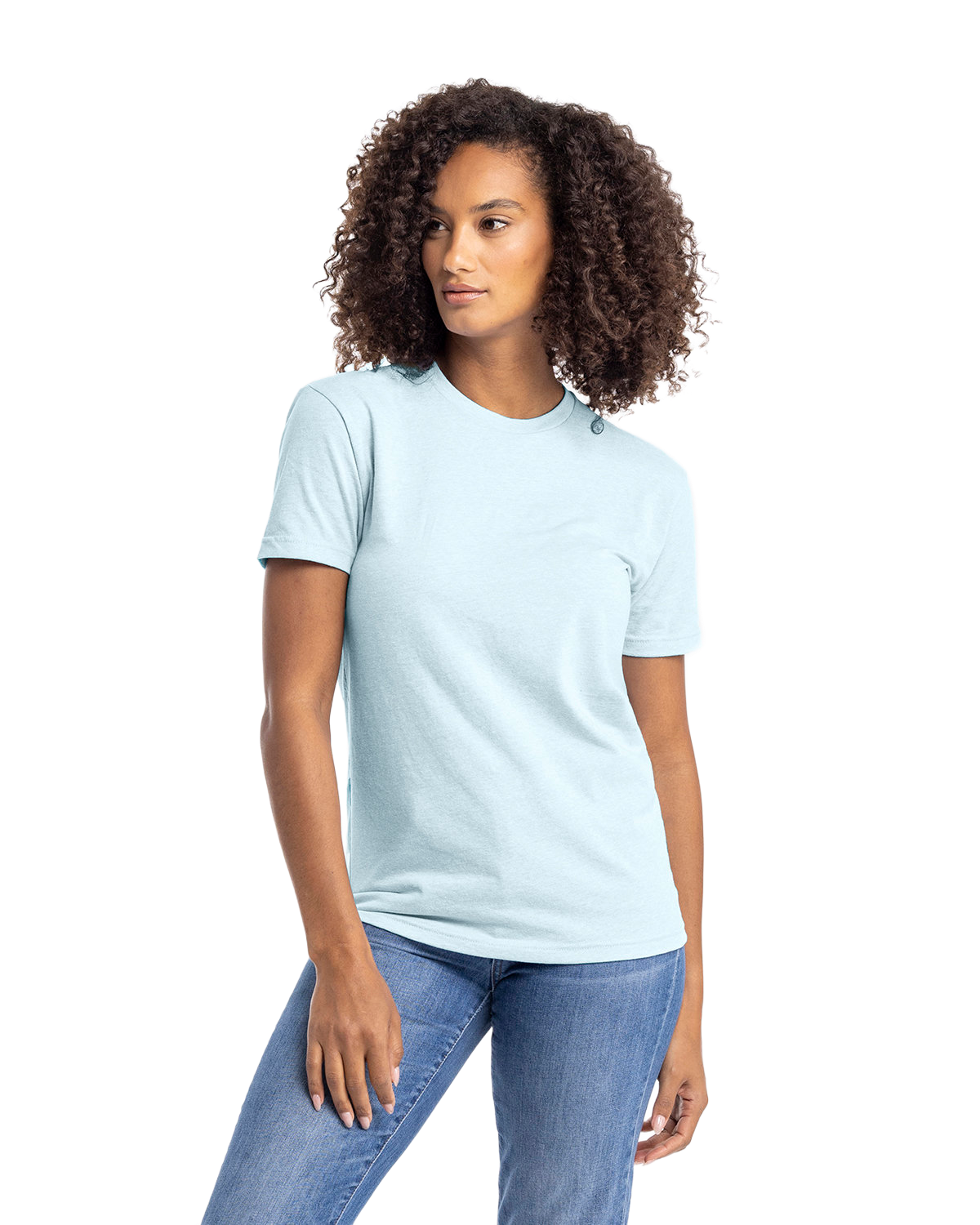 Woman in an "Ice Blue" Next Level Apparel Unisex CVC Crewneck T-Shirt, standing with a relaxed posture and a slight side glance.