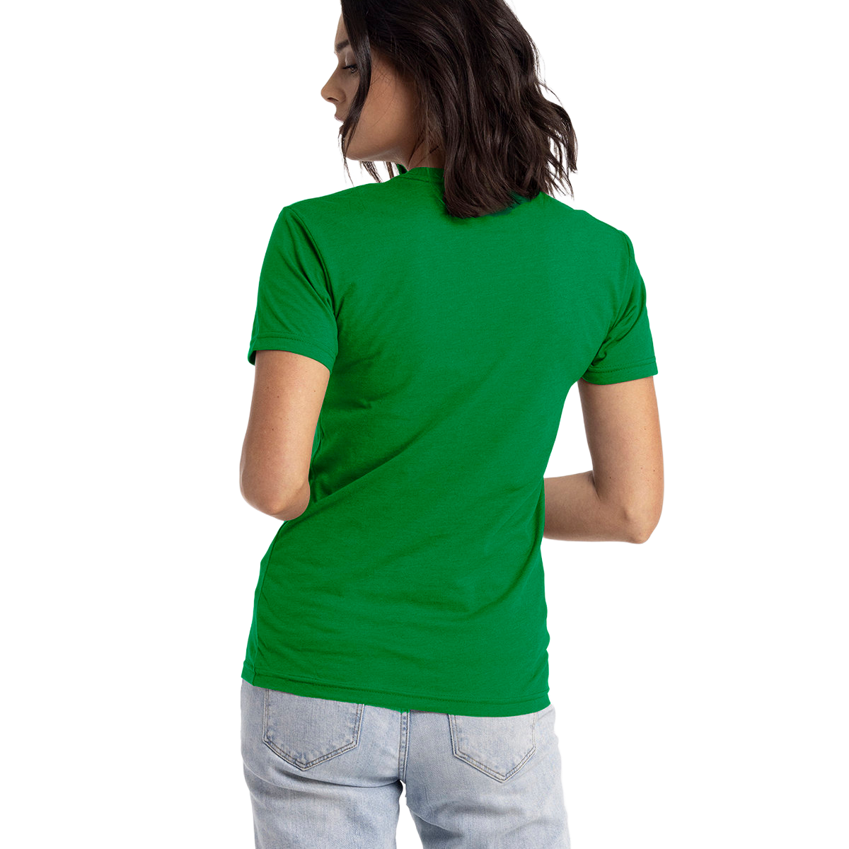 Woman showing the back of a Next Level Apparel Unisex CVC Crewneck T-Shirt in "Kelly Green" color, standing casually.