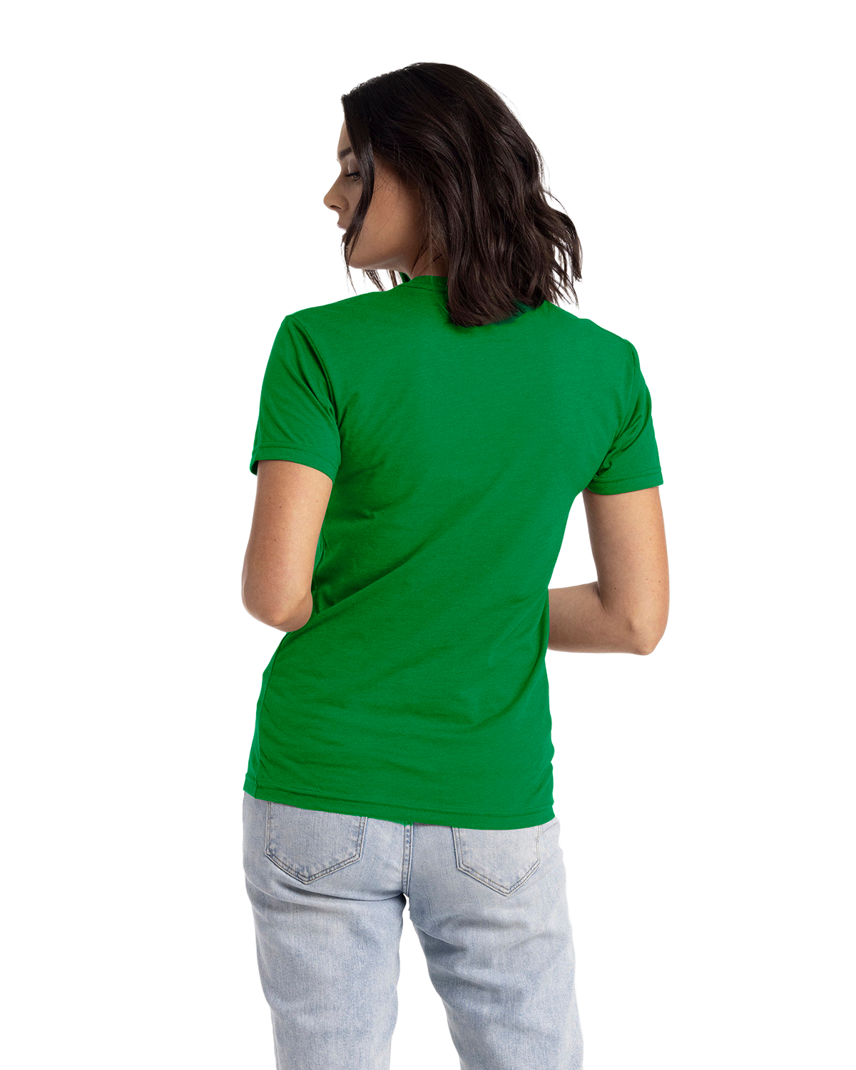 Woman showing the back of a Next Level Apparel Unisex CVC Crewneck T-Shirt in "Kelly Green" color, standing casually.