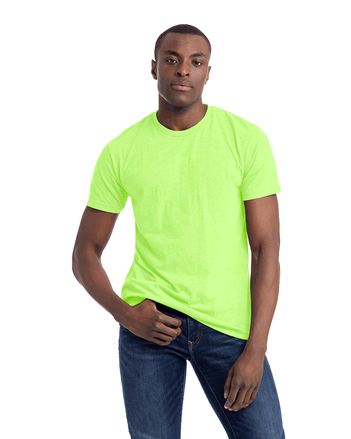 Man in a "Neon Green" Next Level Apparel Unisex CVC Crewneck T-Shirt, standing with a relaxed posture and looking forward.