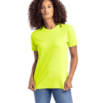 Woman wearing a Next Level Apparel Unisex CVC Crewneck T-Shirt in "Neon Yellow" color, standing with a neutral expression and hands relaxed by her sides.