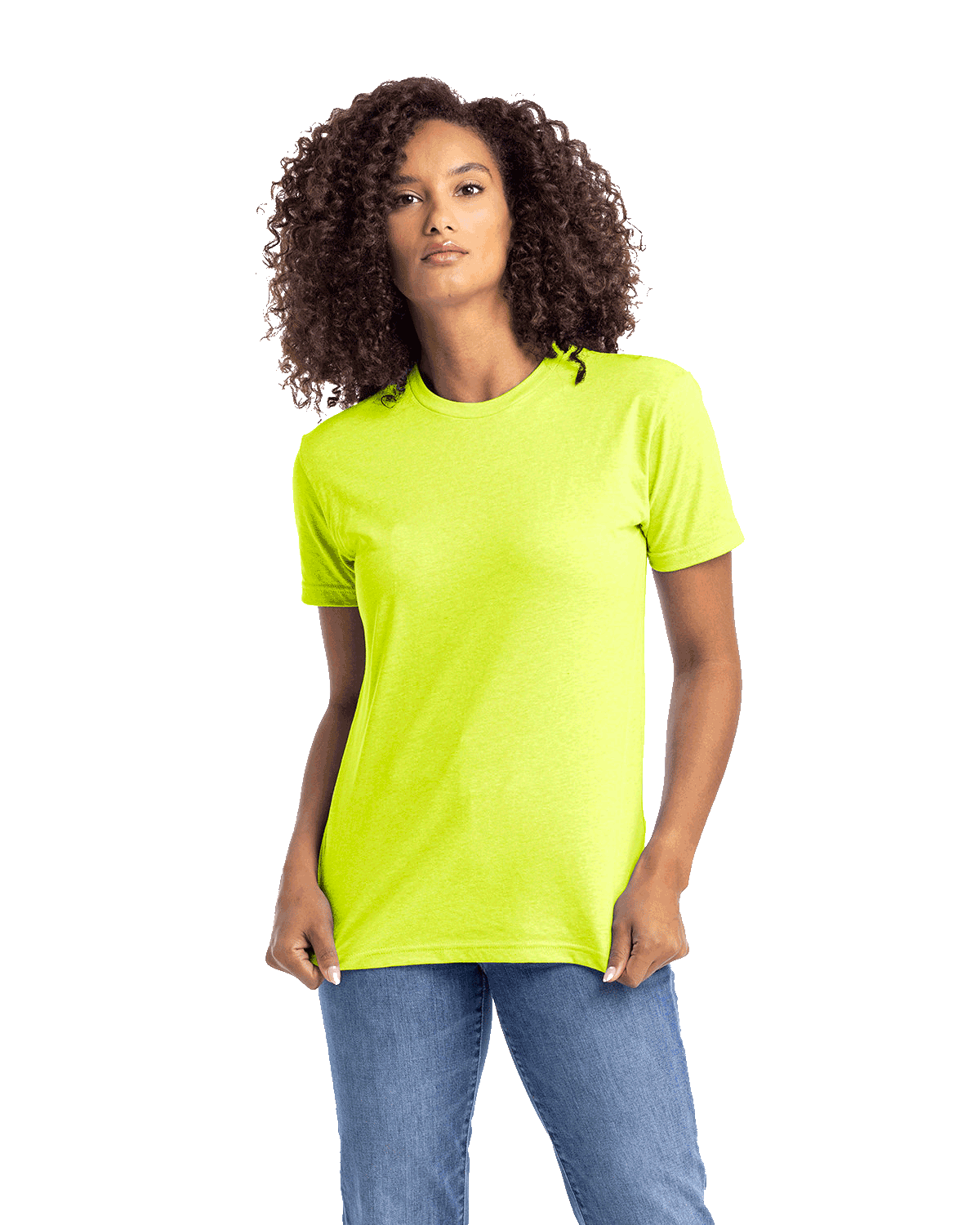 Woman wearing a Next Level Apparel Unisex CVC Crewneck T-Shirt in "Neon Yellow" color, standing with a neutral expression and hands relaxed by her sides.