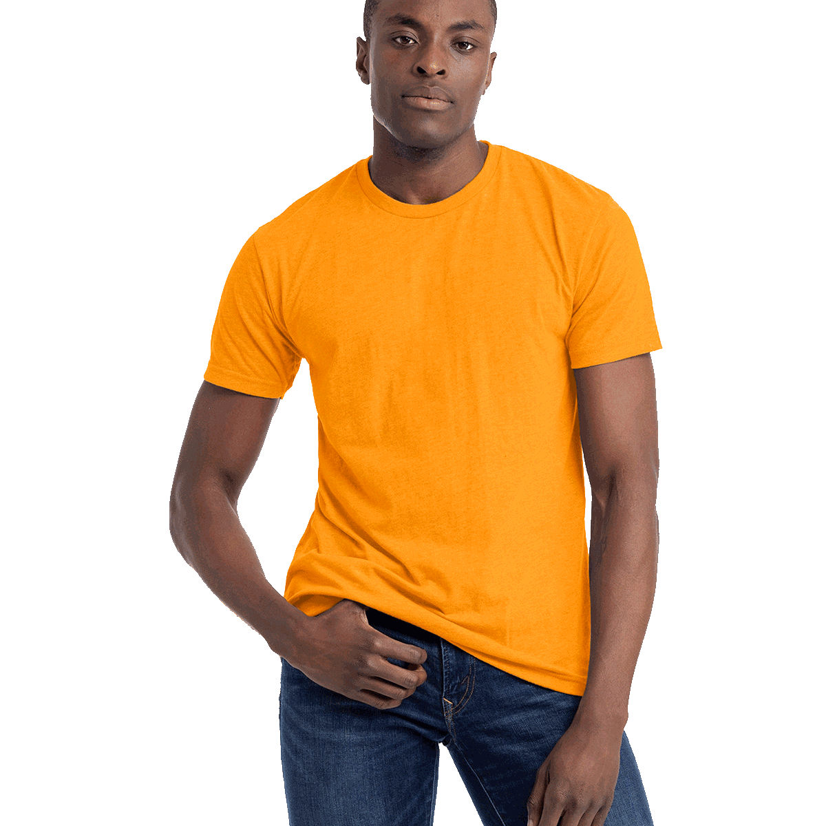 Next Level Apparel Unisex CVC Crewneck T-Shirt in orange color worn by a man, standing casually with a neutral expression.