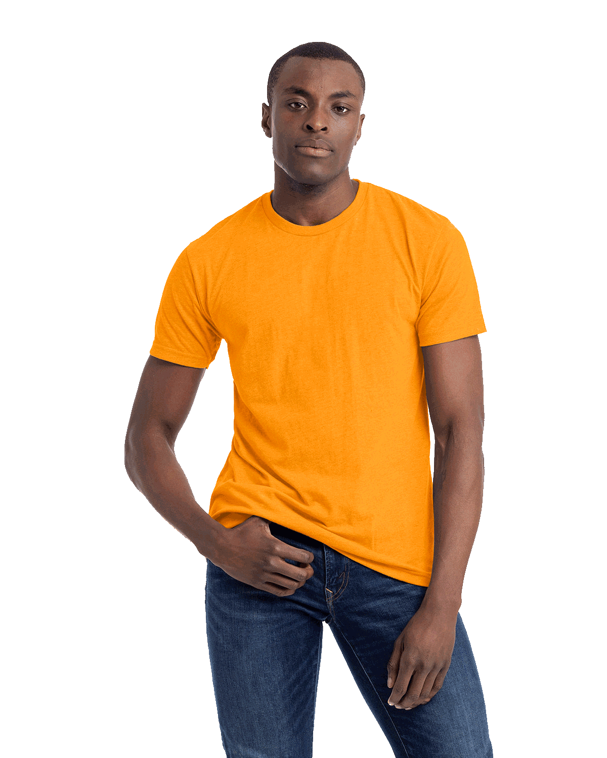 Next Level Apparel Unisex CVC Crewneck T-Shirt in orange color worn by a man, standing casually with a neutral expression.