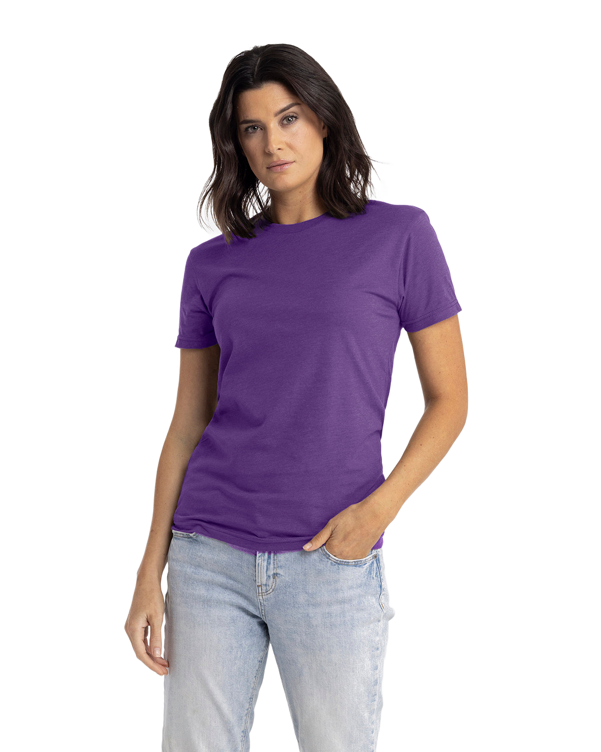 Next Level Apparel Unisex CVC Crewneck T-Shirt in "Purple Rush" color worn by a woman, standing casually with a neutral expression and one hand in her pocket.