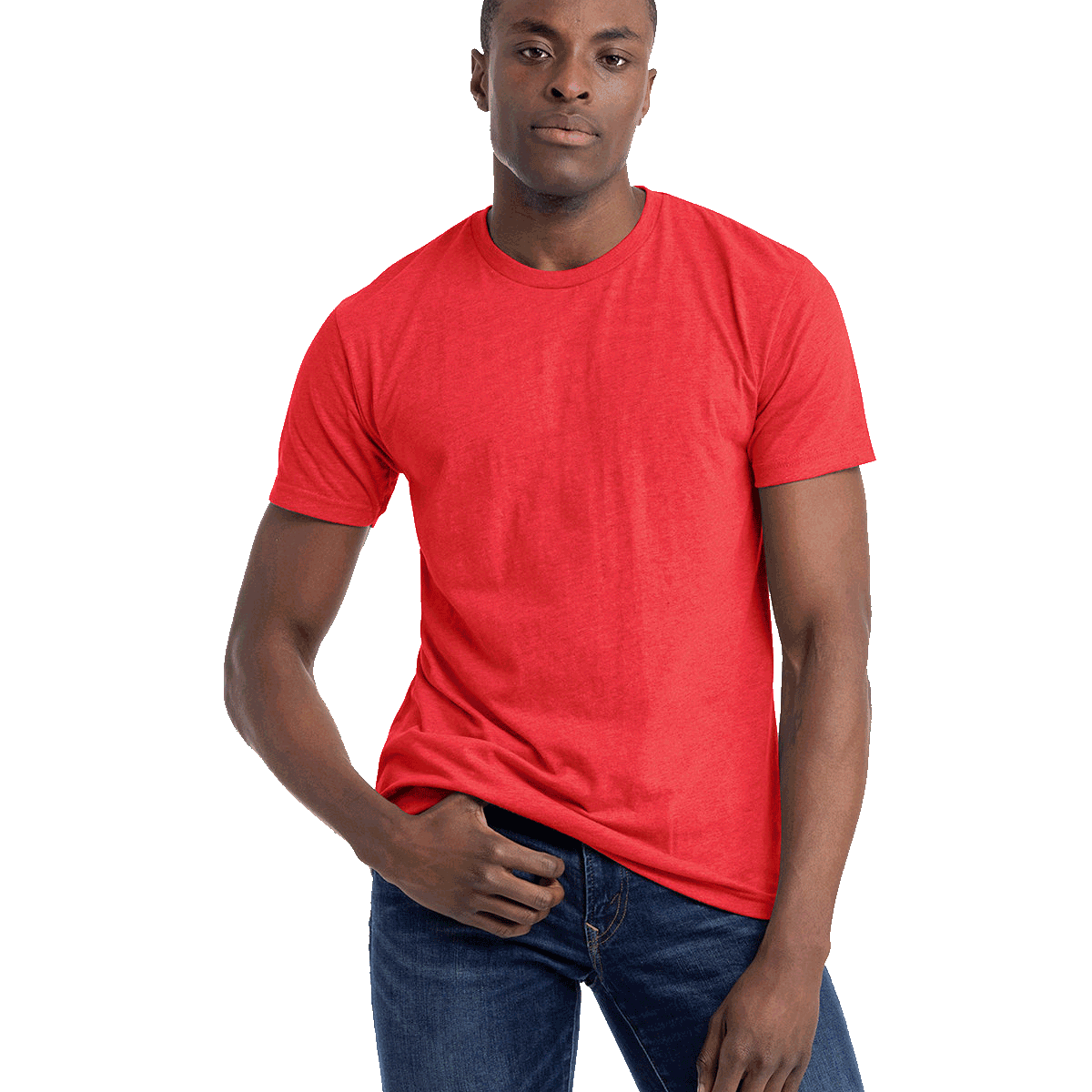 Man in an red Next Level Apparel Unisex CVC Crewneck T-Shirt, standing with a relaxed posture and looking forward.