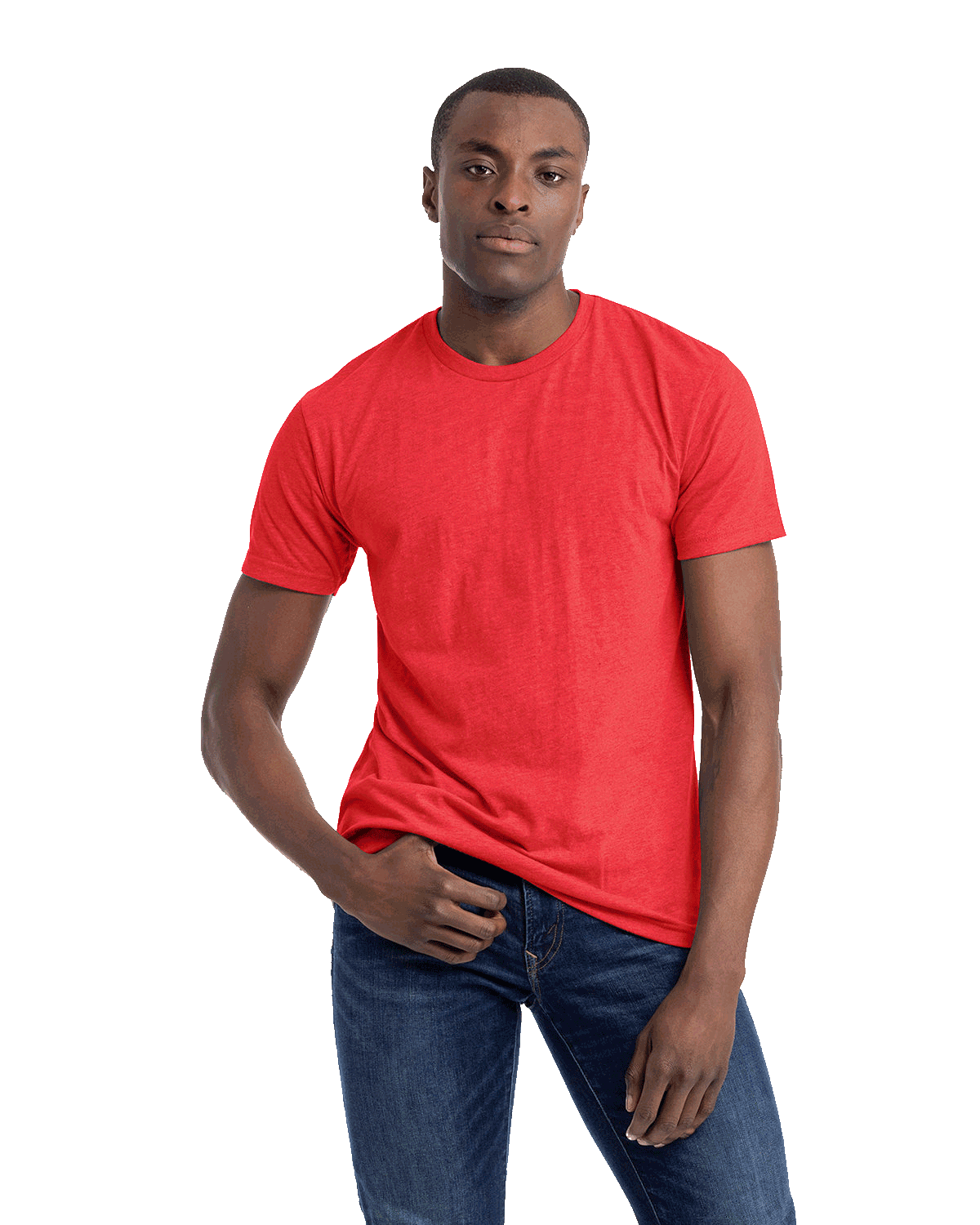 Man in an red Next Level Apparel Unisex CVC Crewneck T-Shirt, standing with a relaxed posture and looking forward.