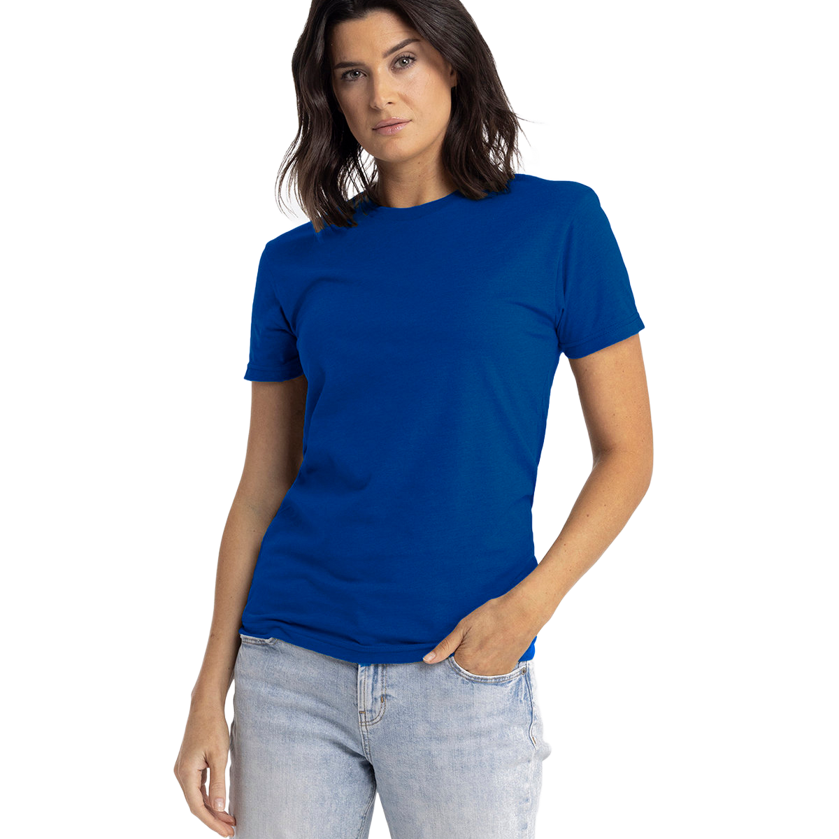 Woman wearing a Next Level Apparel Unisex CVC Crewneck T-Shirt in "Royal" color, standing with a neutral expression and one hand in her pocket.