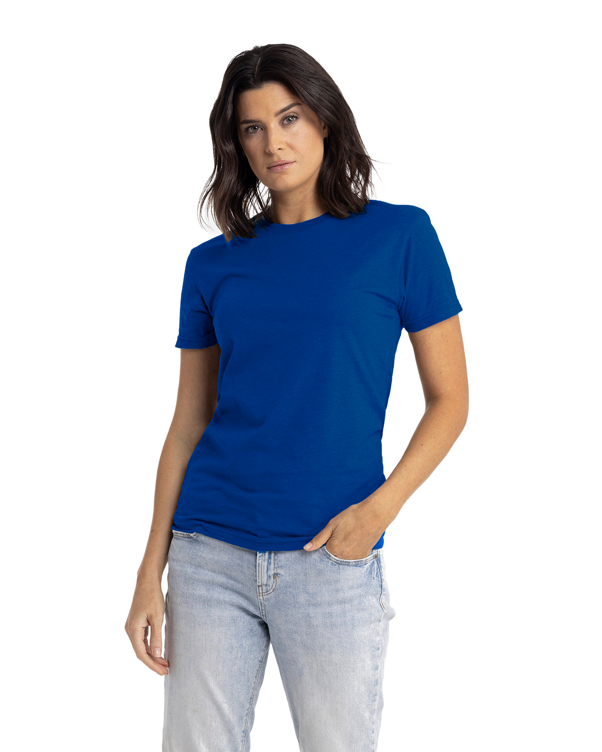 Woman wearing a Next Level Apparel Unisex CVC Crewneck T-Shirt in "Royal" color, standing with a neutral expression and one hand in her pocket.