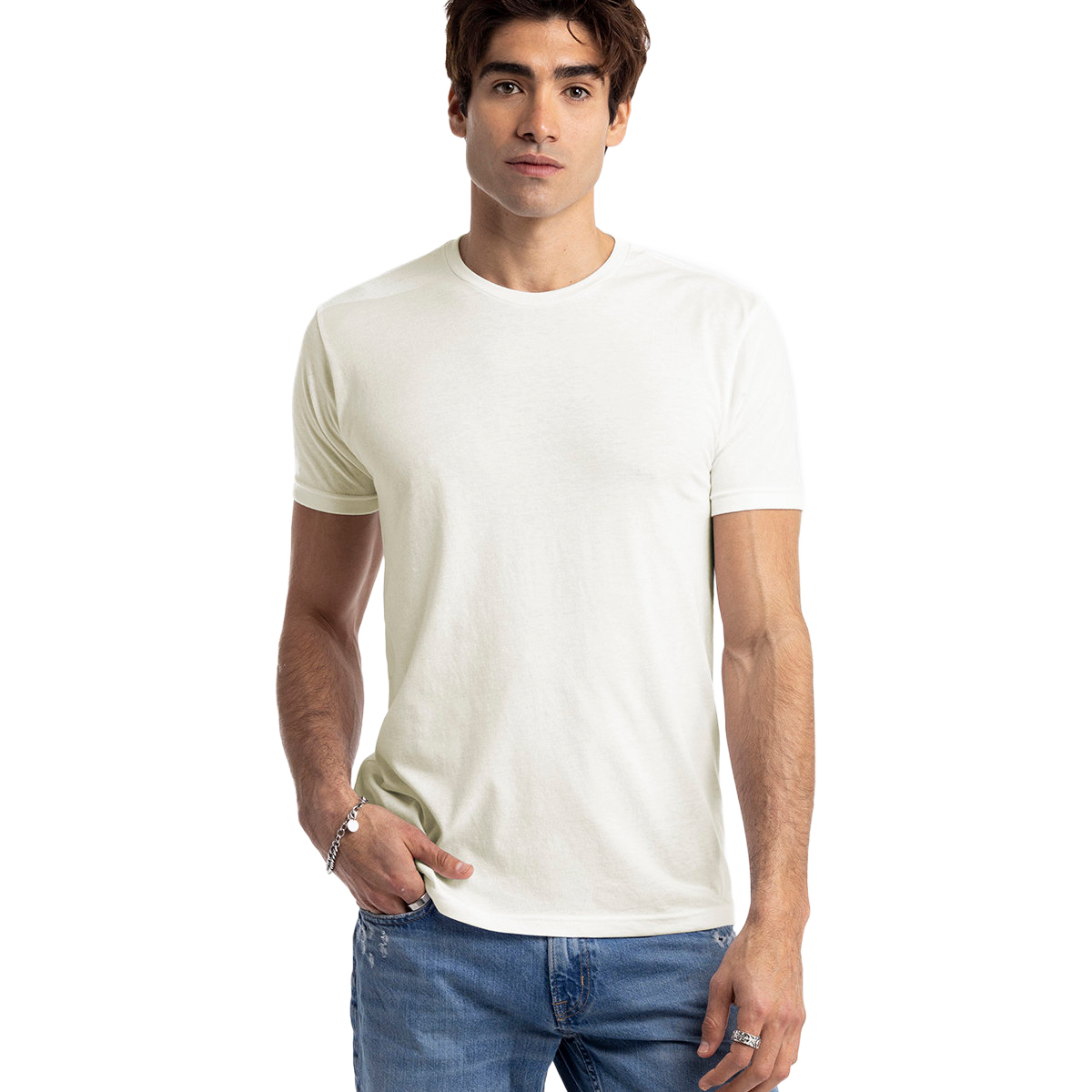 Man in a white Next Level Apparel Unisex CVC Crewneck T-Shirt, standing with hands in pockets and a relaxed posture.