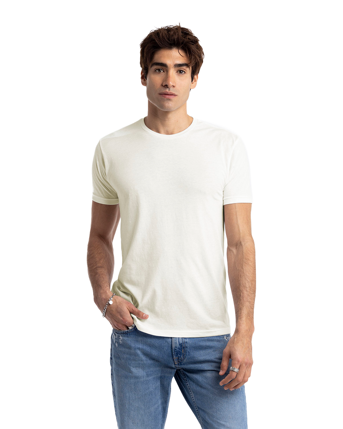 Man in a white Next Level Apparel Unisex CVC Crewneck T-Shirt, standing with hands in pockets and a relaxed posture.