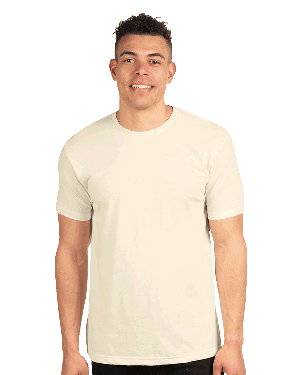 Ivory crewneck t shirt on smiling male model ready for custom printing