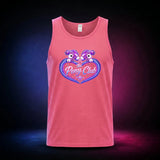 Safety Pink Gildan 5200 tank top featuring The Pony Club heart emblem with mirrored purple ponies, front view