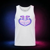 White Gildan 5200 tank top featuring The Pony Club heart emblem with mirrored purple ponies, front view