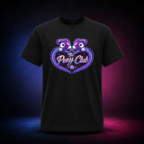 Black Gildan Softstyle 64000 T-shirt featuring The Pony Club heart emblem with mirrored purple ponies, front view