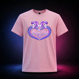 Light Pink Gildan Softstyle 64000 T-shirt featuring The Pony Club heart emblem with mirrored purple ponies, front view