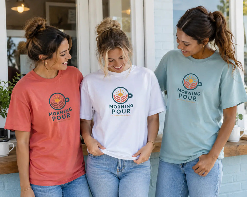 Three women wearing Morning Pour custom event T-shirts next to a coffee shop