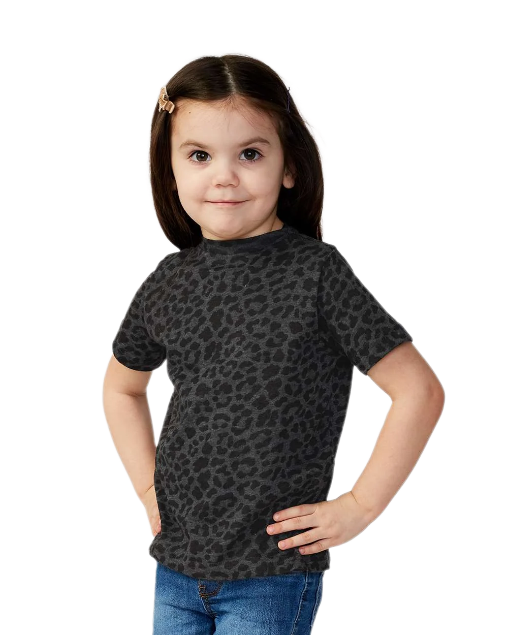 Rabbit Skins - Toddler Fine Jersey T-Shirt - 3321 - Black Leopard - Front view on toddler model