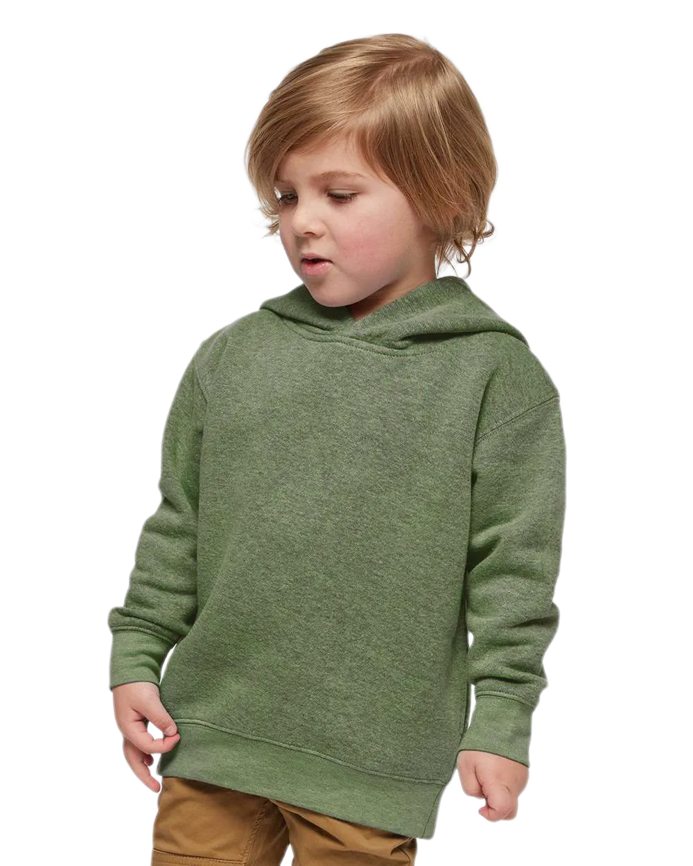 Toddler wearing Rabbit Skins 3326 pullover fleece hoodie in Bamboo Blackout, front view