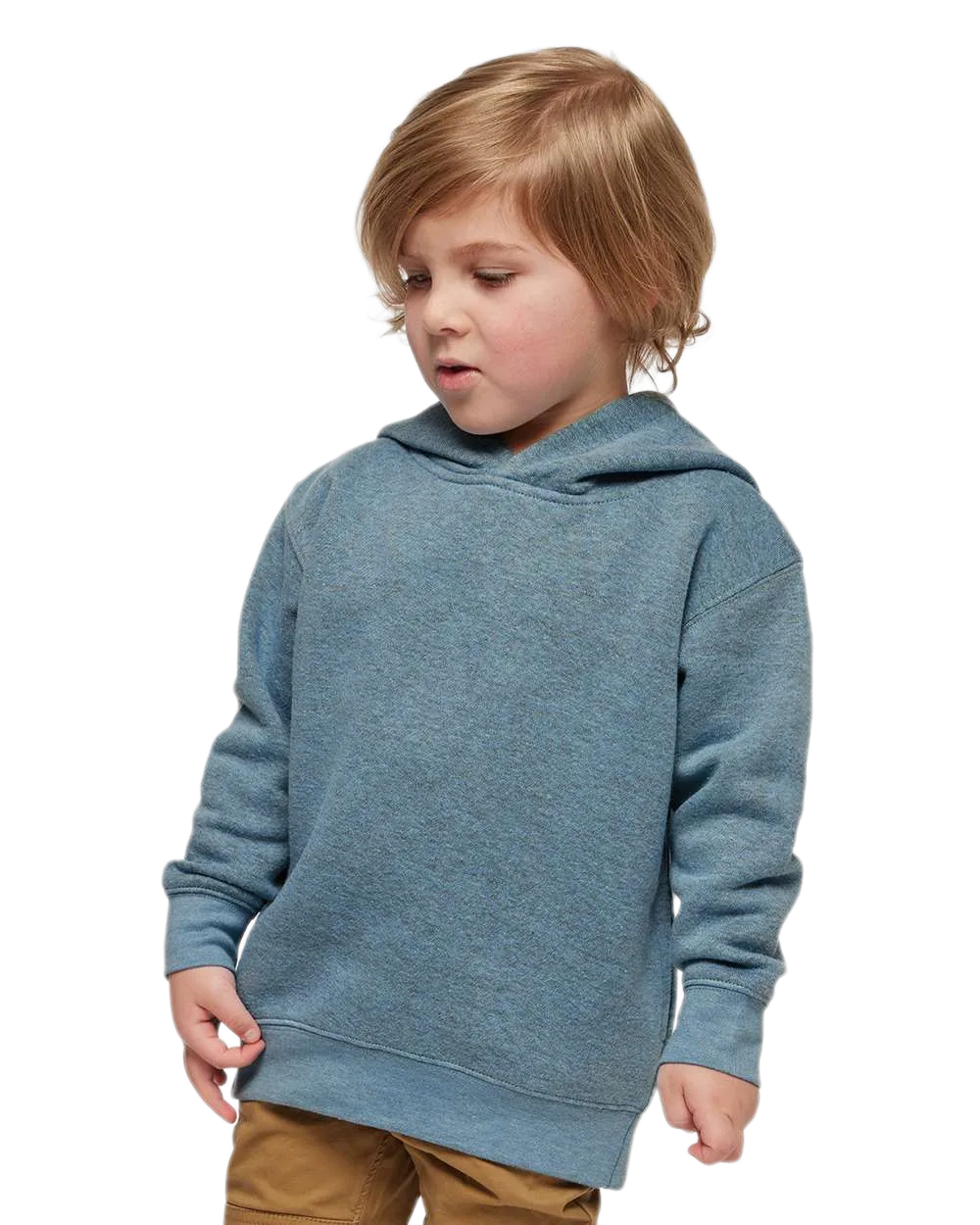 Toddler wearing Rabbit Skins 3326 pullover fleece hoodie in Bermuda Blackout, front view