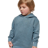 Toddler wearing Rabbit Skins 3326 pullover fleece hoodie in Bermuda Blackout, front view