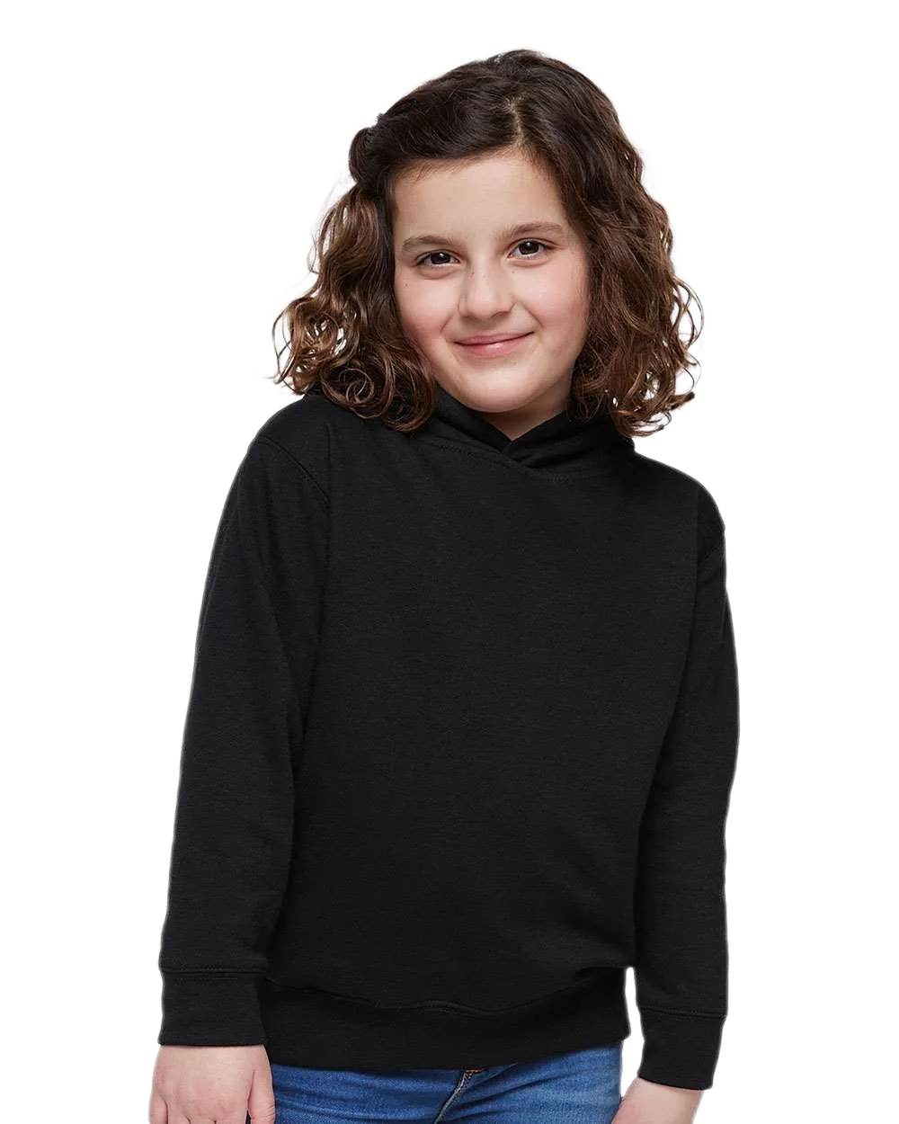 Toddler wearing Rabbit Skins 3326 pullover fleece hoodie in Black, front view