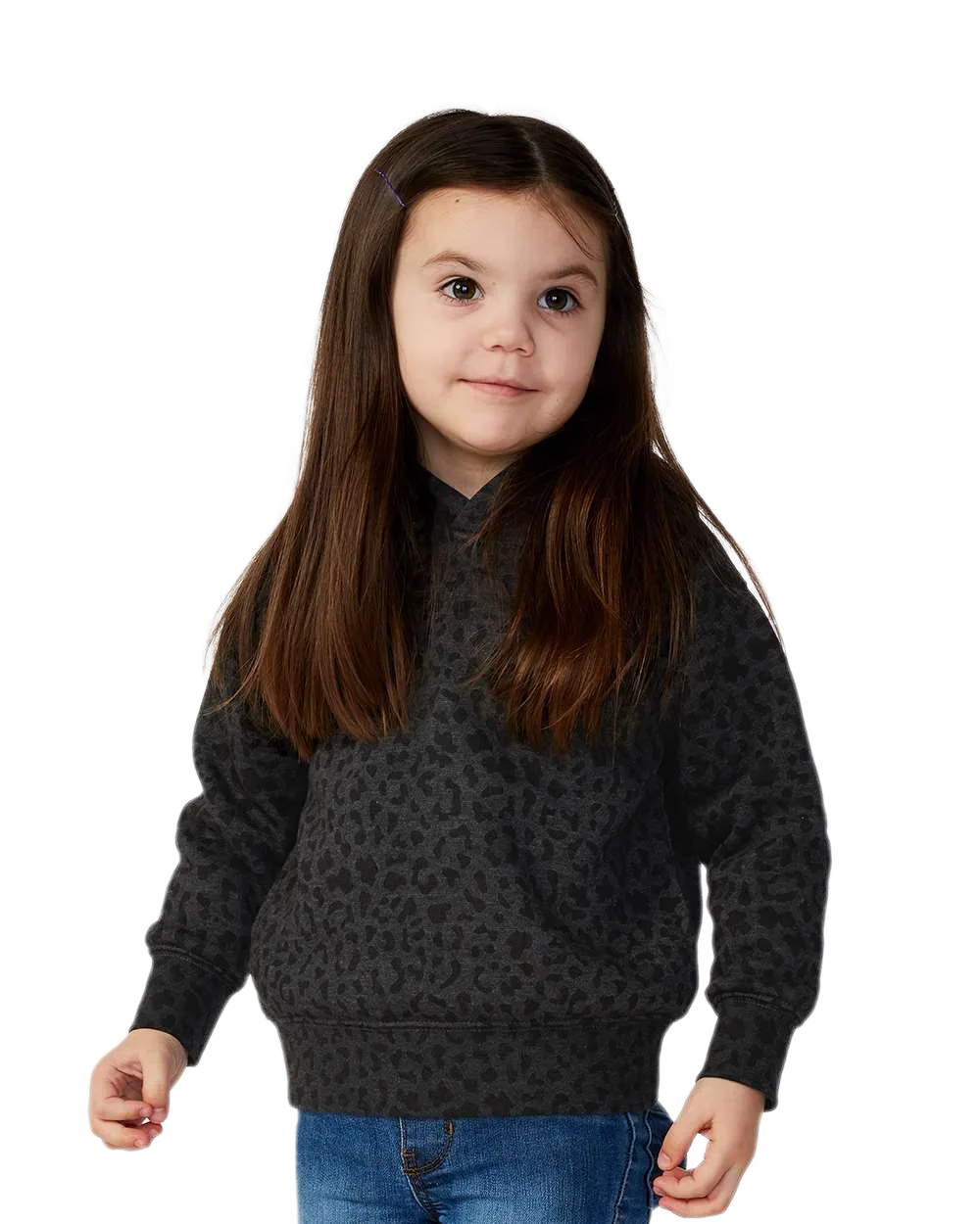 Toddler wearing Rabbit Skins 3326 pullover fleece hoodie in Black Leopard, front view