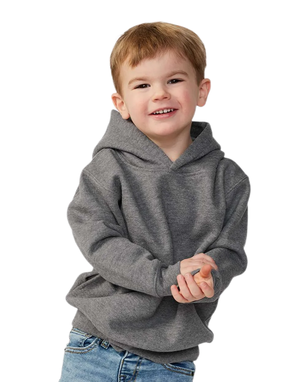 Toddler wearing Rabbit Skins 3326 pullover fleece hoodie in Granite Heather, front view