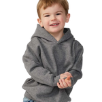 Toddler wearing Rabbit Skins 3326 pullover fleece hoodie in Granite Heather, front view
