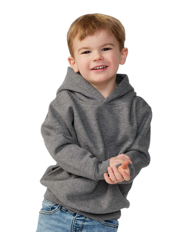 Toddler wearing Rabbit Skins 3326 pullover fleece hoodie in Granite Heather, front view