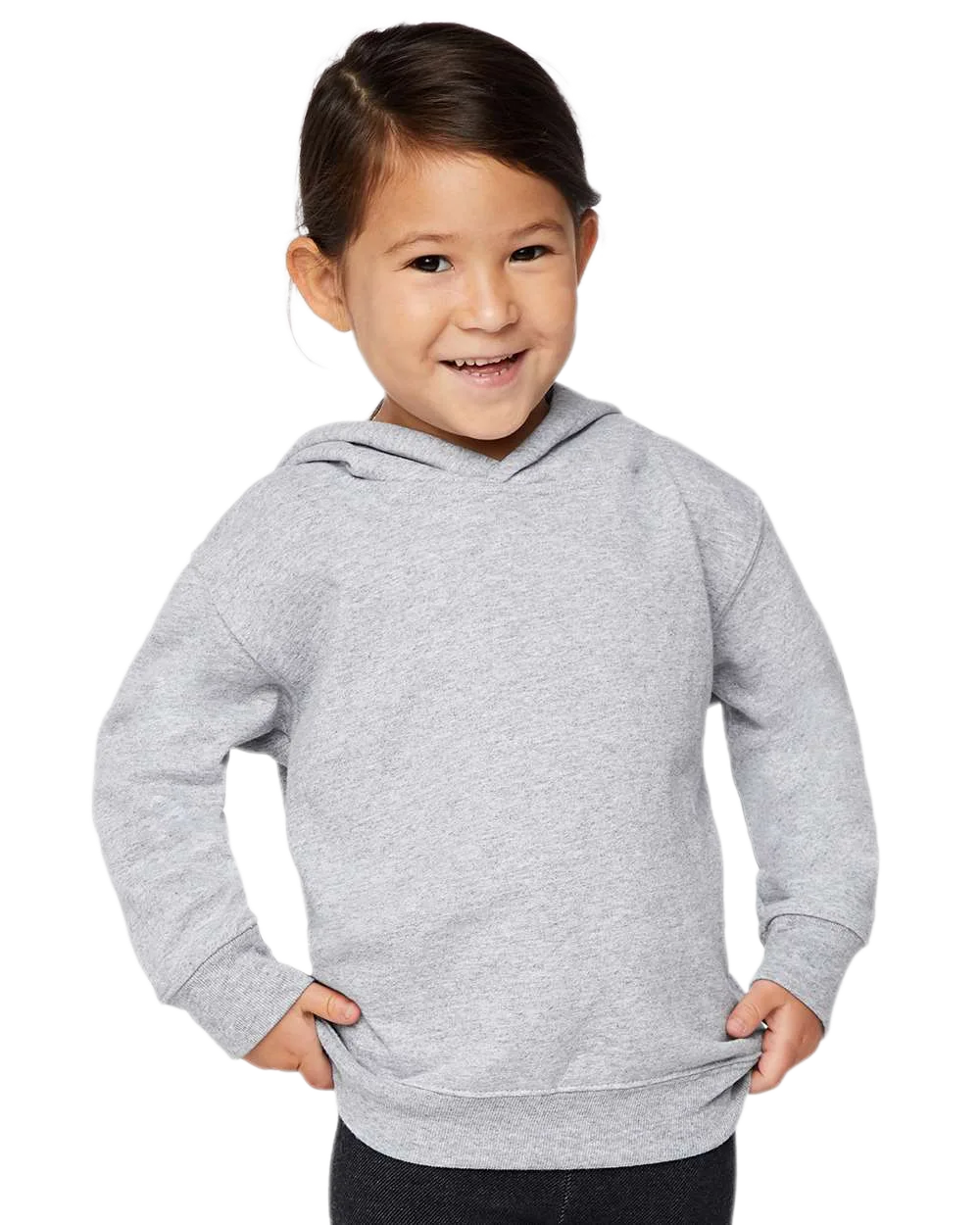 Toddler wearing Rabbit Skins 3326 pullover fleece hoodie in Heather, front view
