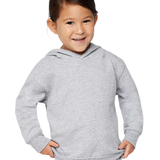 Toddler wearing Rabbit Skins 3326 pullover fleece hoodie in Heather, front view