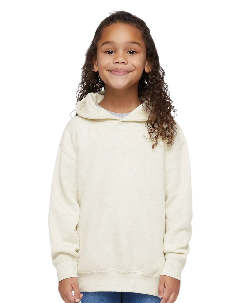 Toddler wearing Rabbit Skins 3326 pullover fleece hoodie in Natural Heather, front view