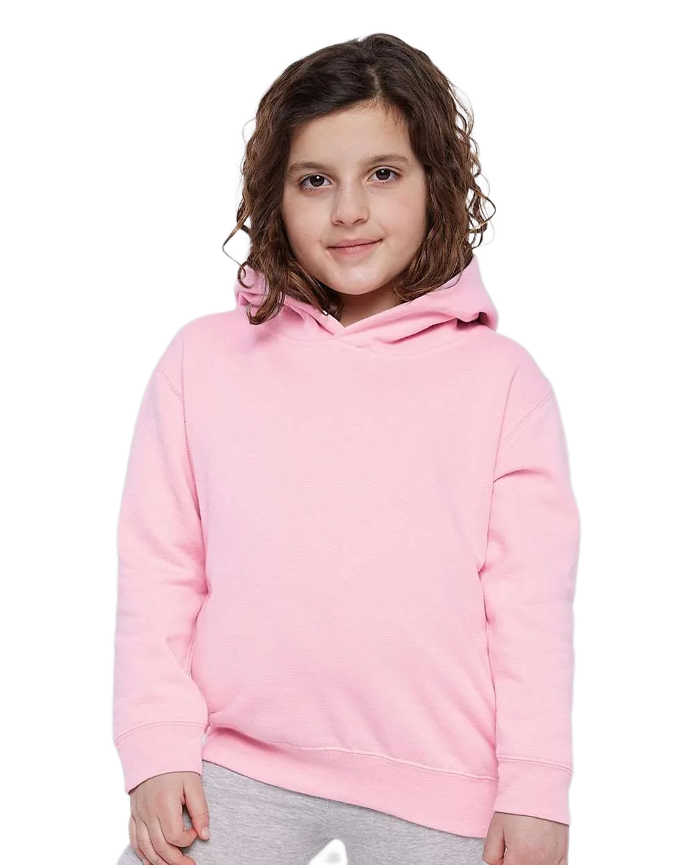 Toddler wearing Rabbit Skins 3326 pullover fleece hoodie in Pink, front view