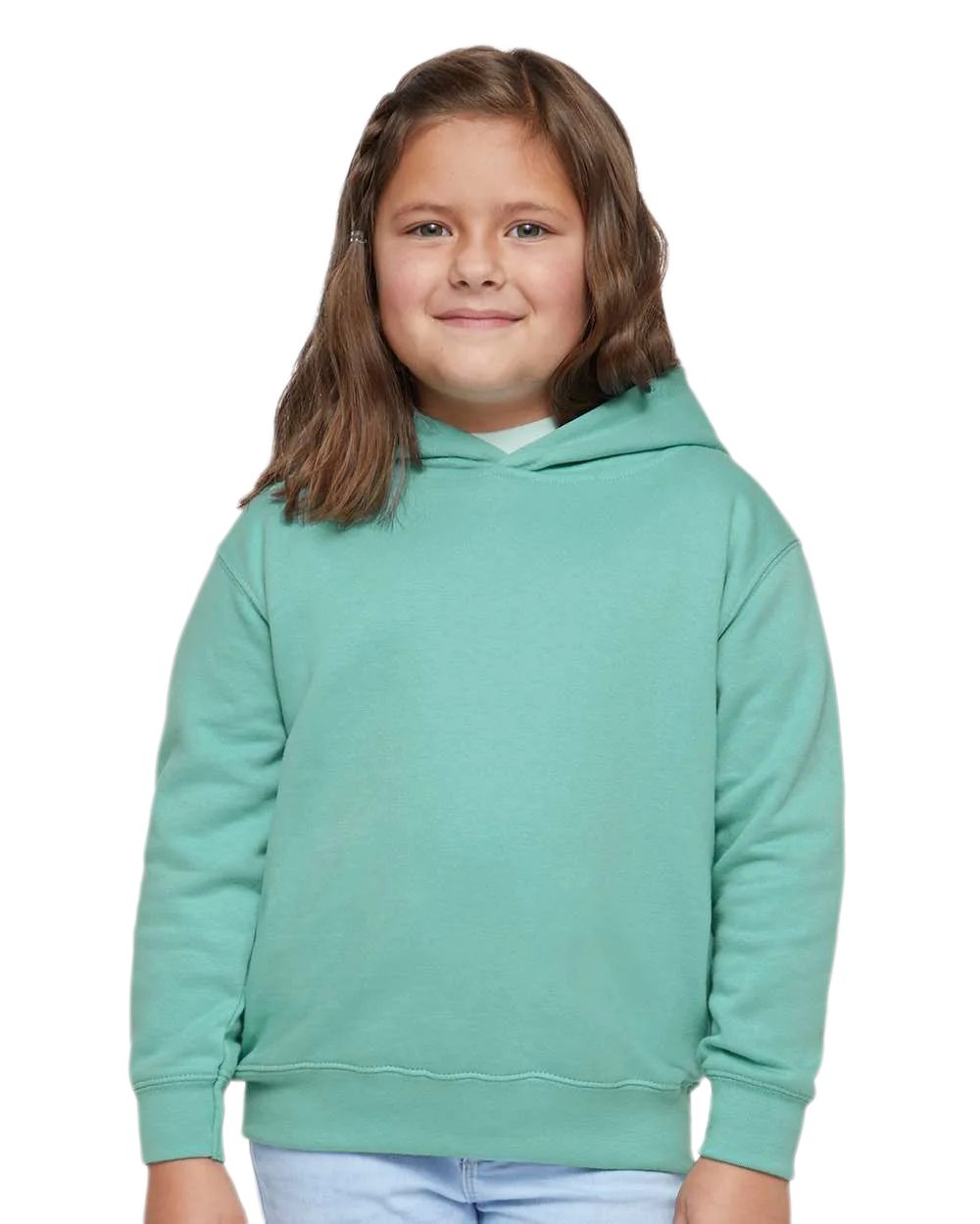 Toddler wearing Rabbit Skins 3326 pullover fleece hoodie in Saltwater, front view