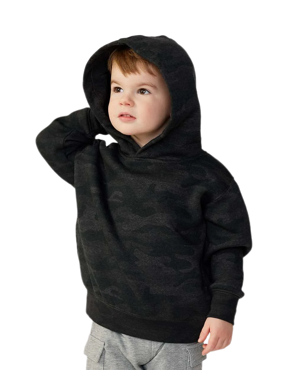 Toddler wearing Rabbit Skins 3326 pullover fleece hoodie in Storm Camo, front view