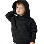 Toddler wearing Rabbit Skins 3326 pullover fleece hoodie in Storm Camo, front view