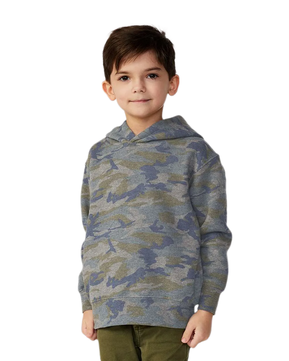 Toddler wearing Rabbit Skins 3326 pullover fleece hoodie in Vintage Camo, front view