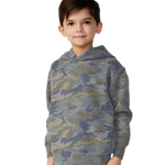 Toddler wearing Rabbit Skins 3326 pullover fleece hoodie in Vintage Camo, front view