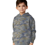 Toddler wearing Rabbit Skins 3326 pullover fleece hoodie in Vintage Camo, front view