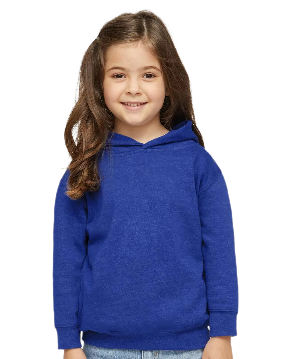 Toddler wearing Rabbit Skins 3326 pullover fleece hoodie in Vintage Royal, front view